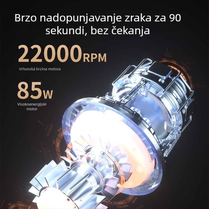 Bežična električna pumpa za automobil i bicikl, USB punjenje, digitalni tlakometar, 30 L/min, ugrađeno svjetlo