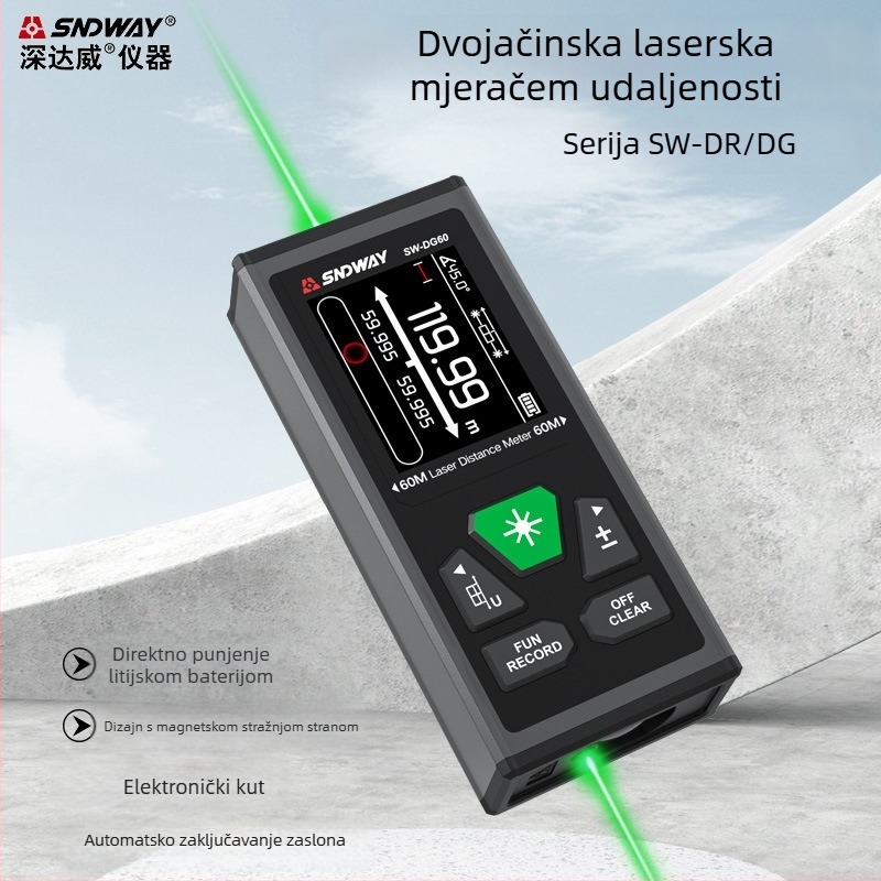 Dvostrani laserski mjerač dometa SW-DG100 s digitalnim mjernim ravnalom za unutarnja mjerenja