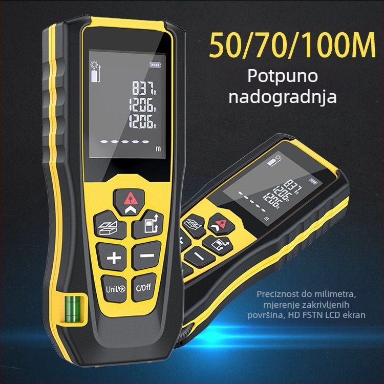 Ručni laserski daljinomjer CJ-W, raspon 0,1–100 m, točnost ±1,5 mm, rezolucija 0,001 m, IPX5, kućište ABS+TPR