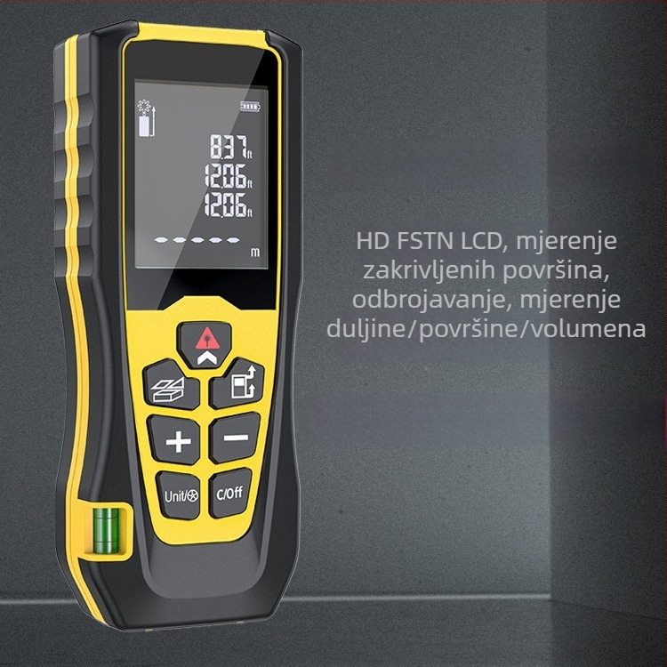 Ručni laserski daljinomjer CJ-W, raspon 0,1–100 m, točnost ±1,5 mm, rezolucija 0,001 m, IPX5, kućište ABS+TPR