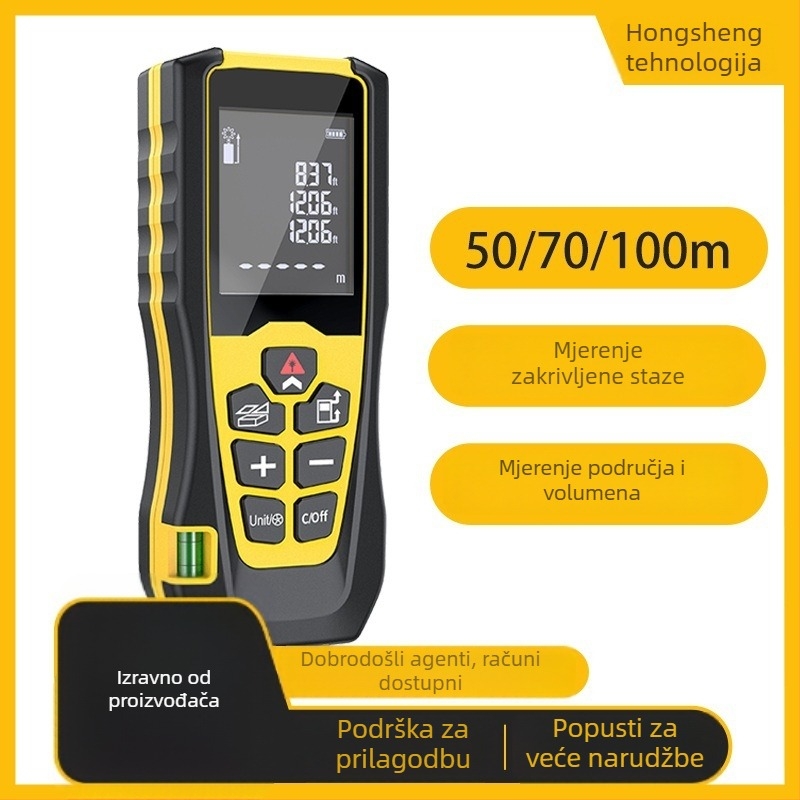 Ručni laserski daljinomjer CJ-W, raspon 0,1–100 m, točnost ±1,5 mm, rezolucija 0,001 m, IPX5, kućište ABS+TPR