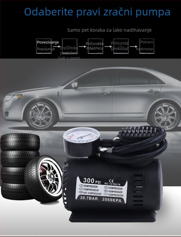 12V mini pumpa za gume automobila s manometrom, 100W, 25 L/min, napajanje iz cigaretne utičnice