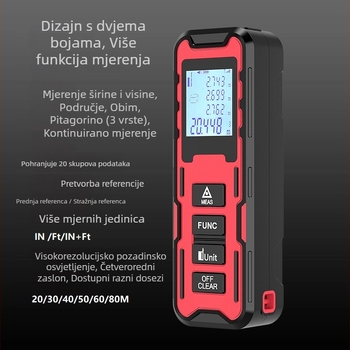 Ručni laserski mjerač udaljenosti, raspon 0,05–80 m, točnost 1 mm, IP54 prašini otporno i otporno na prskanje, vrijeme mjerenja 0,03–3 s, težina 60 g