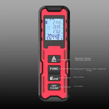 Ručni laserski mjerač udaljenosti, raspon 0,05–80 m, točnost 1 mm, IP54 prašini otporno i otporno na prskanje, vrijeme mjerenja 0,03–3 s, težina 60 g