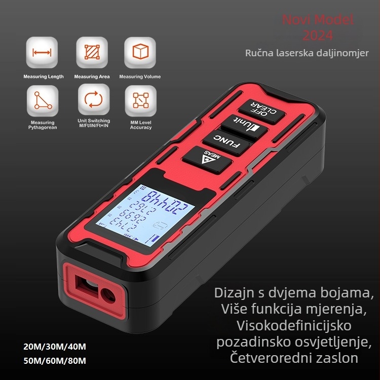 Ručni laserski mjerač udaljenosti, raspon 0,05–80 m, točnost 1 mm, IP54 prašini otporno i otporno na prskanje, vrijeme mjerenja 0,03–3 s, težina 60 g