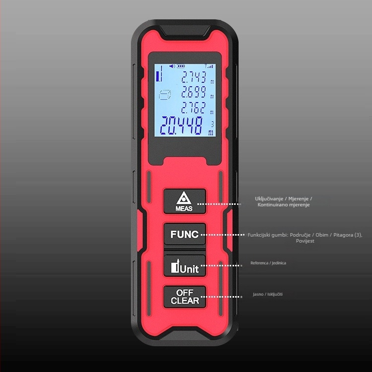 Ručni laserski mjerač udaljenosti, raspon 0,05–80 m, točnost 1 mm, IP54 prašini otporno i otporno na prskanje, vrijeme mjerenja 0,03–3 s, težina 60 g
