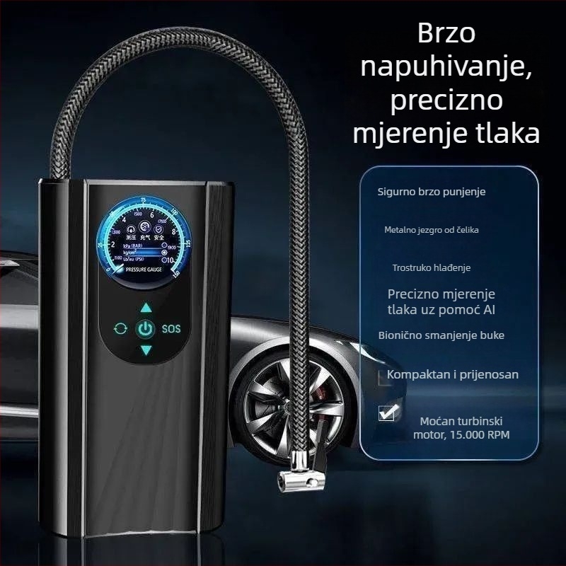 Prijenosna bežična pumpa za zrak visokog tlaka za auto, motocikl i električni bicikl - 120W, digitalni prikaz, višecilindrična, upozoravajuće svjetlo