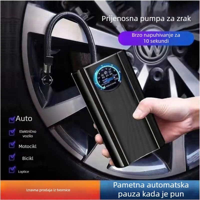 Prijenosna bežična pumpa za zrak visokog tlaka za auto, motocikl i električni bicikl - 120W, digitalni prikaz, višecilindrična, upozoravajuće svjetlo