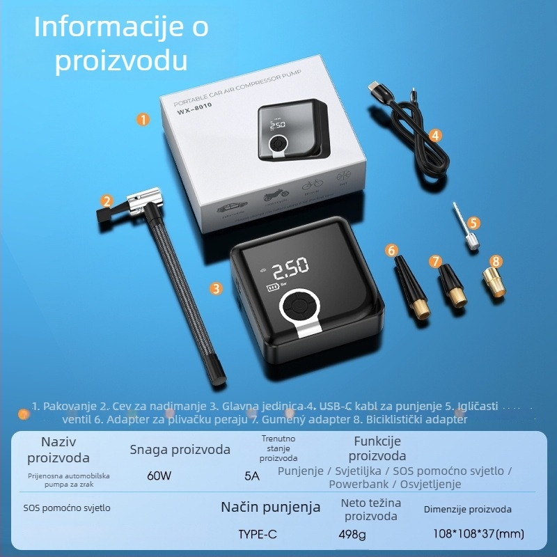 Prijenosna pumpa za automobile s digitalnim zaslonom, USB napajanje, 160W, kabel 1 m, crijevo 0,3 m