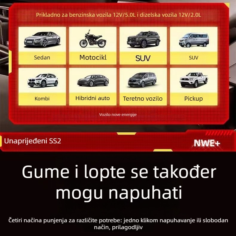 Prijenosni bežični kompresor za automobile za pumpanje guma s digitalnim zaslonom, 12V, manje od 80W, 25 L/min, USB punjenje