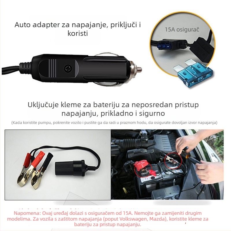 Dvostrukocilindrična 12V pumpa za auto gume s crijevom duljine 125 cm, 200W, 50 L/min