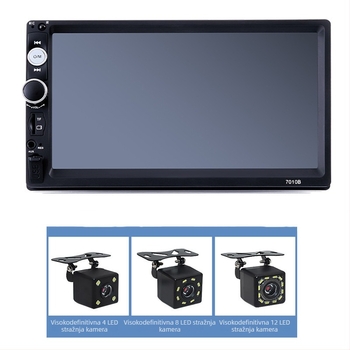 Automobilski MP5 player s LED zaslonom, model RH-7010B; napajanje 12-24V DC; video: AVI RMVB MPEG-4 MPG Realplay MOV; zvuk: MP3 WMA WAV APE FLAC