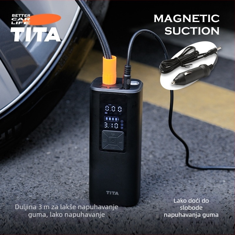 TITA Bežična pumpa za auto — prijenosni kompresor s digitalnim zaslonom, 120W, 5V/2A, 45 L/min, jednocilindrični