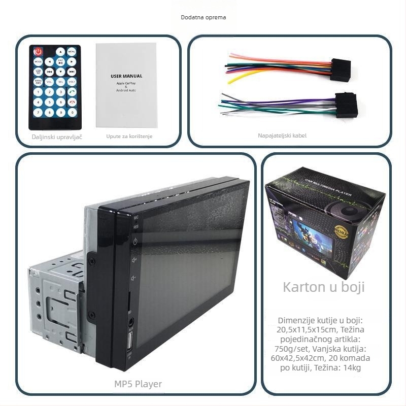 Auto MP5 prijemnik s bežičnim CarPlayom, Bluetoothom, kapacitivnim dodirnim LCD zaslonom, reprodukcija USB/TF/MP3/MP4/MP5, podrška SD kartici, model 7024