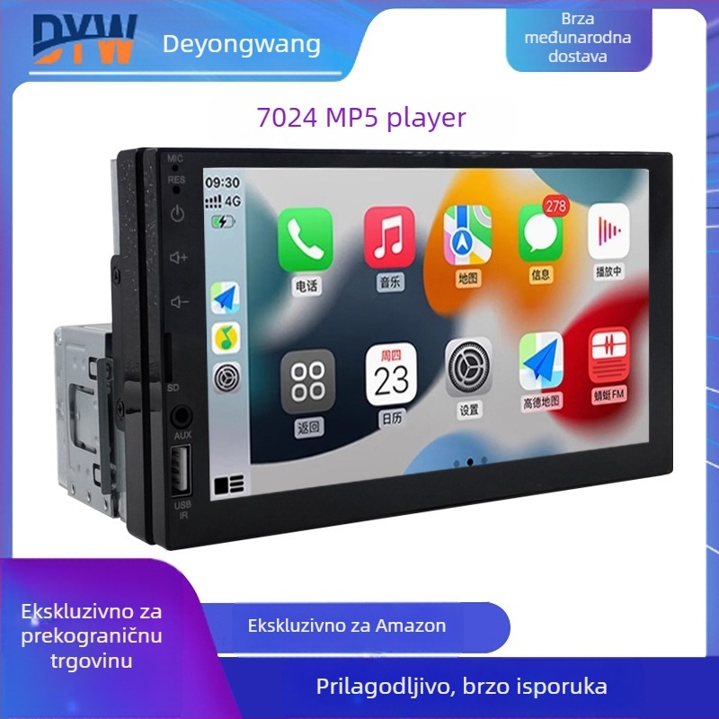 Auto MP5 prijemnik s bežičnim CarPlayom, Bluetoothom, kapacitivnim dodirnim LCD zaslonom, reprodukcija USB/TF/MP3/MP4/MP5, podrška SD kartici, model 7024