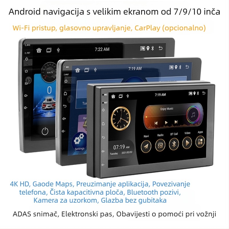 Bežični MP5 player za auto s CarPlay i Android navigacijom – Model 9988, Napajanje: 12-24V DC, Podrška reprodukciji glazbe, Glazbeni formati: FLAC, APE, OGG, MP2, MP3, WAV, WMA, ASF