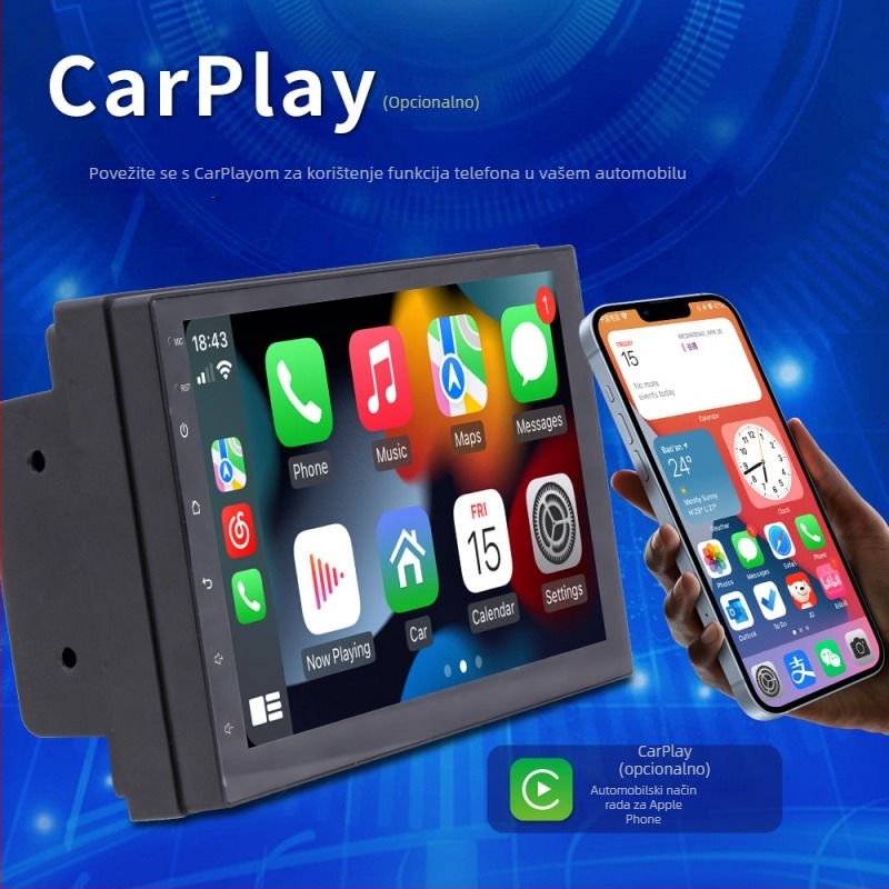 Bežični MP5 player za auto s CarPlay i Android navigacijom – Model 9988, Napajanje: 12-24V DC, Podrška reprodukciji glazbe, Glazbeni formati: FLAC, APE, OGG, MP2, MP3, WAV, WMA, ASF