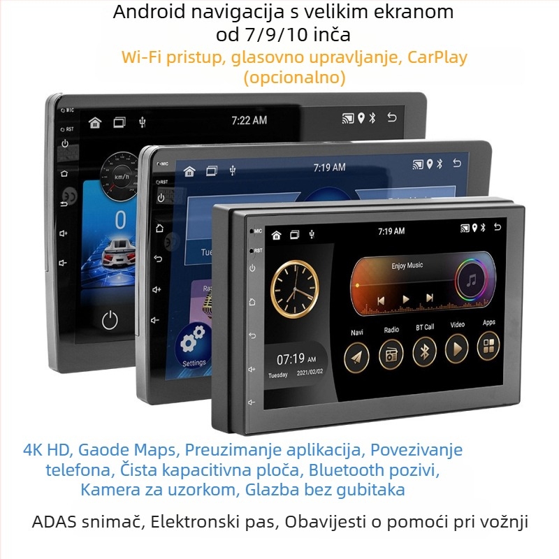 Bežični MP5 player za auto s CarPlay i Android navigacijom – Model 9988, Napajanje: 12-24V DC, Podrška reprodukciji glazbe, Glazbeni formati: FLAC, APE, OGG, MP2, MP3, WAV, WMA, ASF