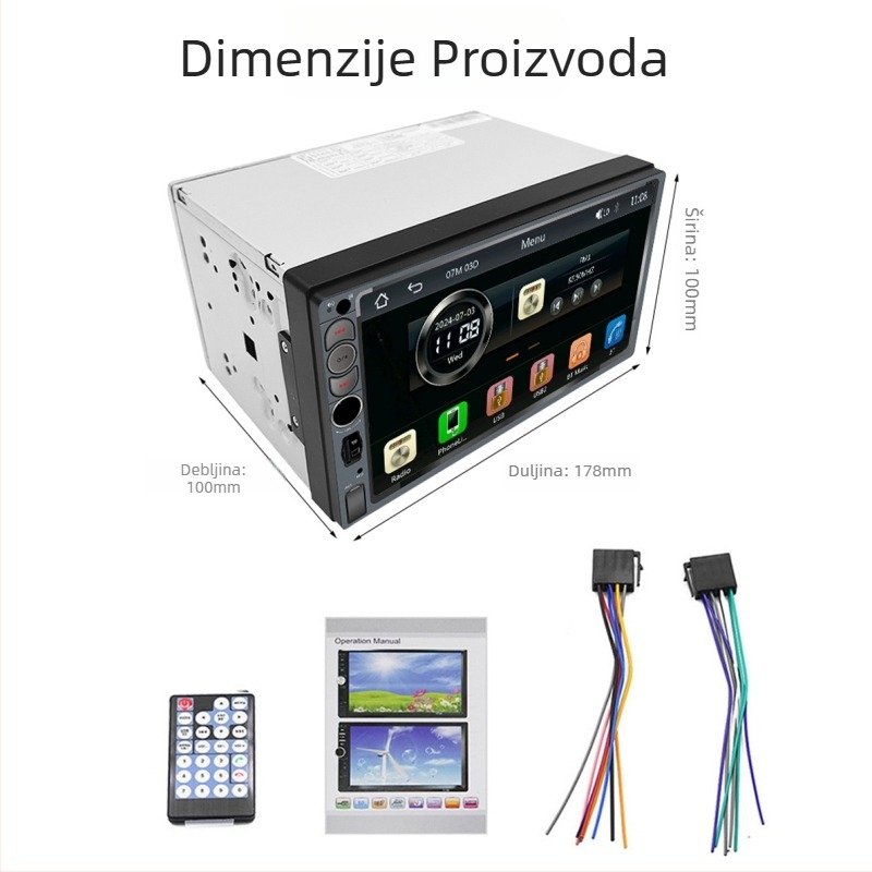 Auto MP5 Bluetooth radio player, model F13307mp5-2, napajanje 12V, LED zaslon s 260k bojom, AVI/MP4 video, MP3/WMA/WAV zvuk