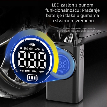 Prenosna bežična pumpa za zrak s digitalnim zaslonom i mjerenjem tlaka guma — 7,4V ugrađena baterija, 30 L/min, USB punjenje, jednocyklinska