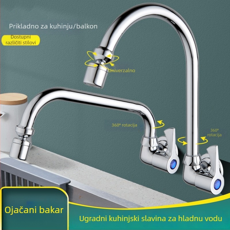 Zidna bakrena kuhinjska slavina s keramičkim diskom ventila, okretni bočni ulaz, elektroplatirani završetak