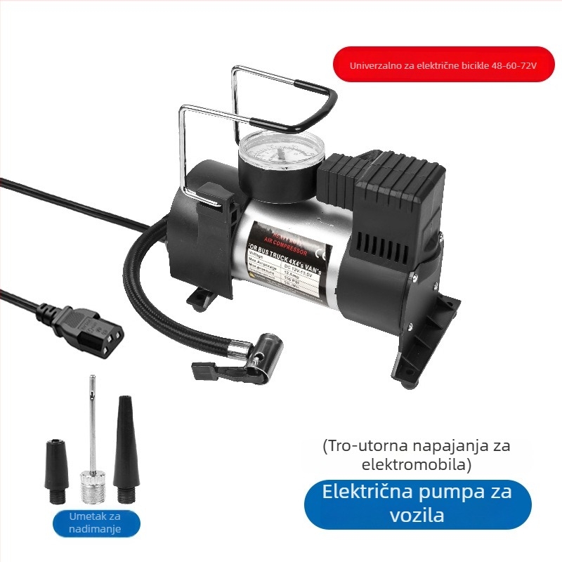 Visokotlačna auto pumpa za zrak s manometrom, 150W, 48–72V, 35 L/min, kabel 120 cm, prijenosna jednocilindrična jedinica