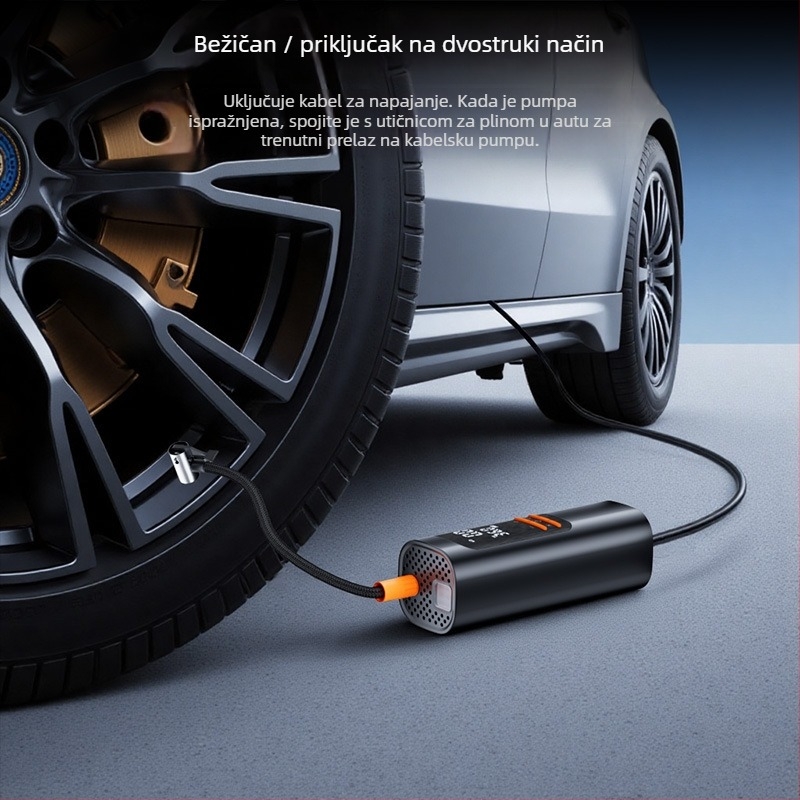 Vozilom montirana bežična pumpa za zrak s digitalnim LCD zaslonom — 12V, 100W, 25 L/min, litijeva baterija