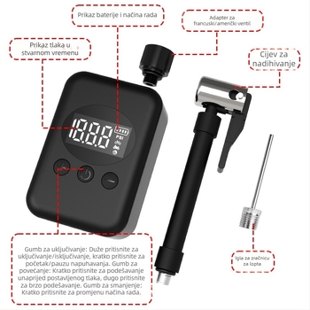 Električna mini pumpa za bicikl - USB punjenje, digitalni prikaz, visoki tlak, protok zraka 30 L/min