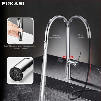 Bakarni kuhinjski miješalica s vučnim izljevom, otok ugradnja, keramički disk ventil