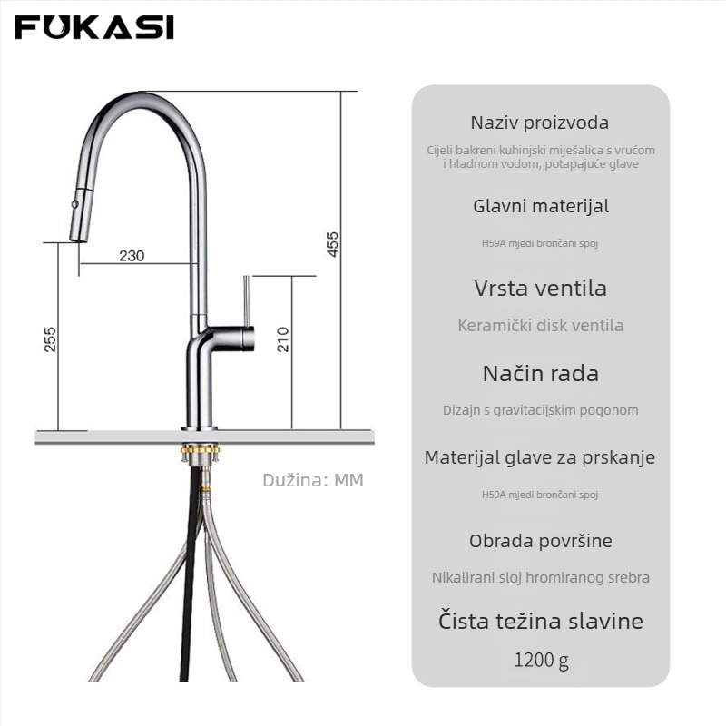 Bakarni kuhinjski miješalica s vučnim izljevom, otok ugradnja, keramički disk ventil