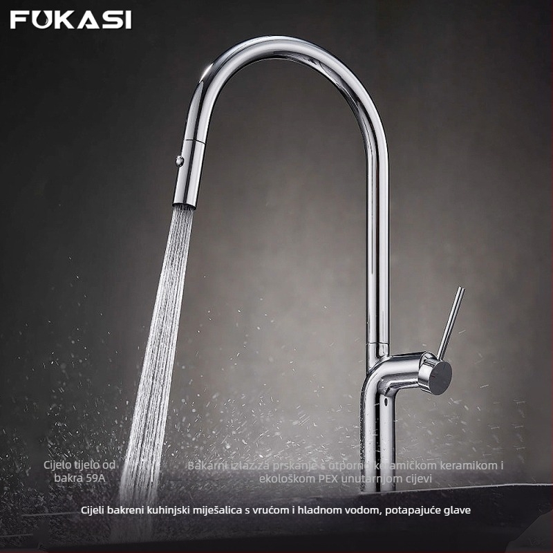 Bakarni kuhinjski miješalica s vučnim izljevom, otok ugradnja, keramički disk ventil