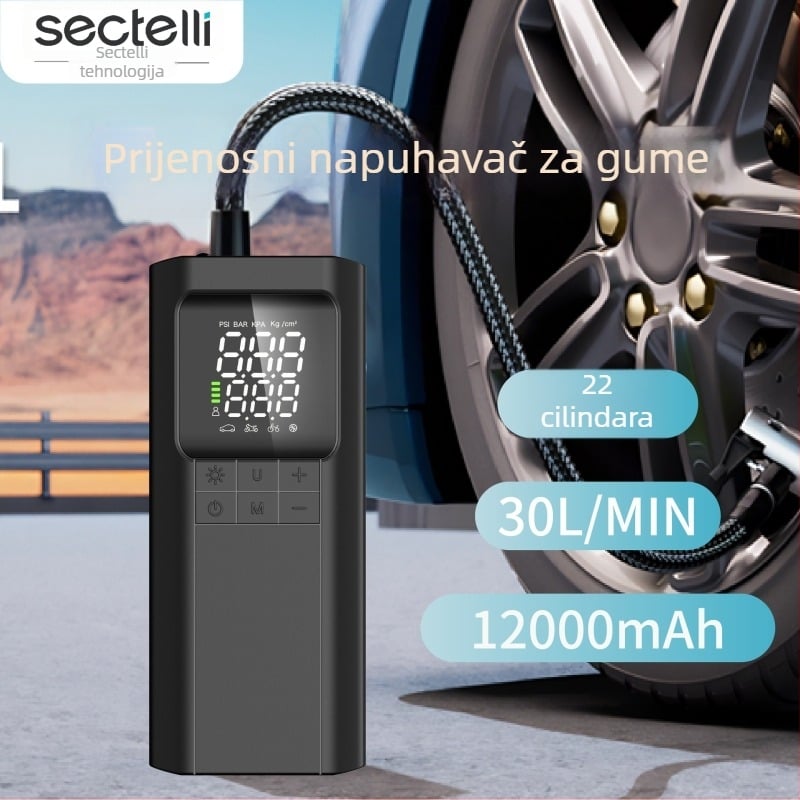 Shengfeng prijenosni kompresor za napuhivanje automobila i bicikla, 12V, 120W, digitalni zaslon, 30 L/min, litijeva baterija