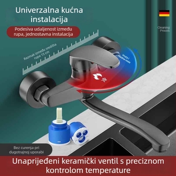 Zidni kuhinjski slavine s toplom i hladnom vodom, dvoručni, keramički disk ventil; pogodan za kuhinjski drez, balkonsku perilicu i mop sudoper.