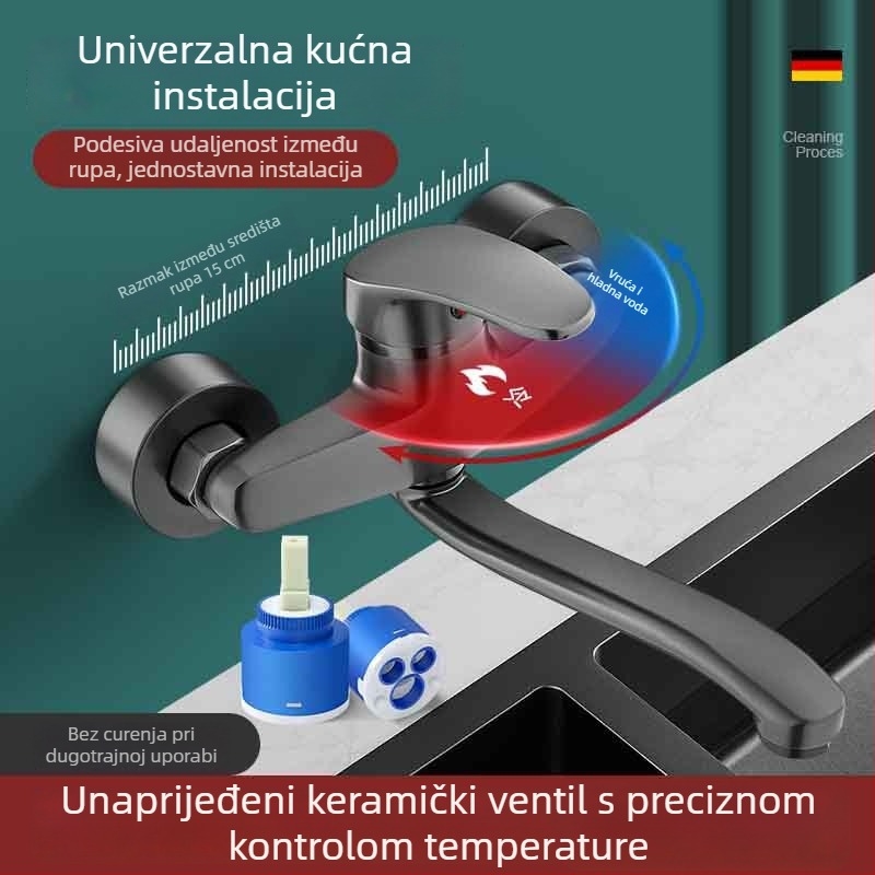 Zidni kuhinjski slavine s toplom i hladnom vodom, dvoručni, keramički disk ventil; pogodan za kuhinjski drez, balkonsku perilicu i mop sudoper.