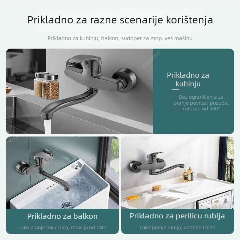 Zidni kuhinjski slavine s toplom i hladnom vodom, dvoručni, keramički disk ventil; pogodan za kuhinjski drez, balkonsku perilicu i mop sudoper.
