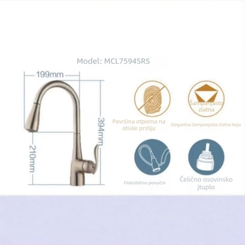 Kuhinjski slavina s izvučnim tijelom od bakra, CUPC certificiran, keramički ventil, ulaz/izlaz 9/16 MPT