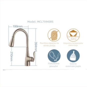 Kuhinjski slavina s izvučnim tijelom od bakra, CUPC certificiran, keramički ventil, ulaz/izlaz 9/16 MPT