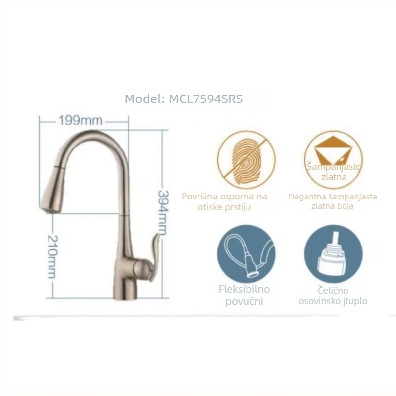 Kuhinjski slavina s izvučnim tijelom od bakra, CUPC certificiran, keramički ventil, ulaz/izlaz 9/16 MPT