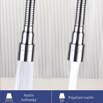 Univerzalni okretni izljev slavine s proširenim izljeva, od nehrđajućeg čelika; jednostruka konstrukcija; keramičko jezgro ventila; elektroplatirani završni sloj