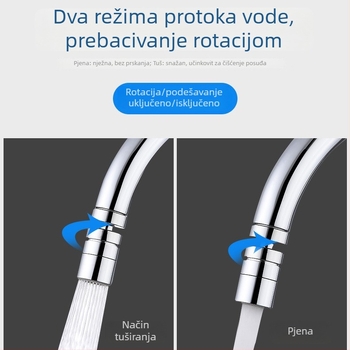 Univerzalni okretni izljev slavine s proširenim izljeva, od nehrđajućeg čelika; jednostruka konstrukcija; keramičko jezgro ventila; elektroplatirani završni sloj