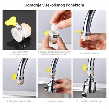 Univerzalni okretni izljev slavine s proširenim izljeva, od nehrđajućeg čelika; jednostruka konstrukcija; keramičko jezgro ventila; elektroplatirani završni sloj