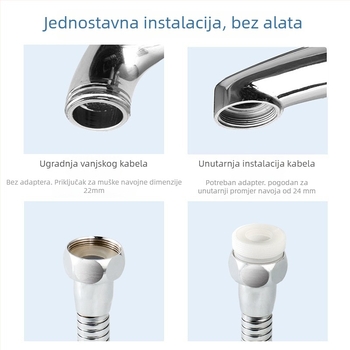 Univerzalni okretni izljev slavine s proširenim izljeva, od nehrđajućeg čelika; jednostruka konstrukcija; keramičko jezgro ventila; elektroplatirani završni sloj