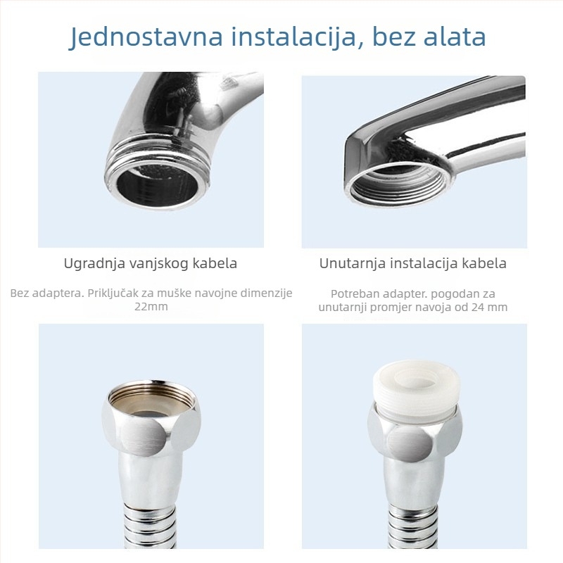 Univerzalni okretni izljev slavine s proširenim izljeva, od nehrđajućeg čelika; jednostruka konstrukcija; keramičko jezgro ventila; elektroplatirani završni sloj