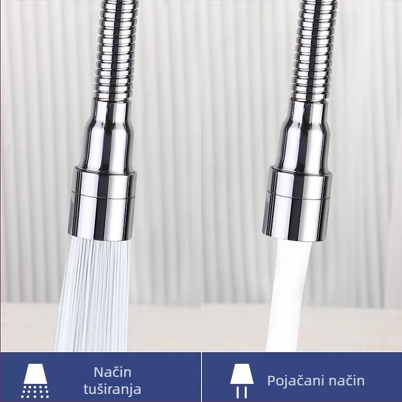 Univerzalni okretni izljev slavine s proširenim izljeva, od nehrđajućeg čelika; jednostruka konstrukcija; keramičko jezgro ventila; elektroplatirani završni sloj