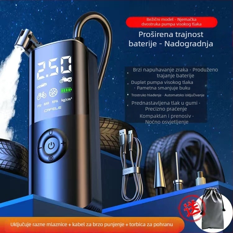 Bežični kompresor za auto, mini prijenosni s LED rasvjetom i digitalnim zaslonom; mjerač tlaka u gumama i USB punjenje, 12V DC, 180W