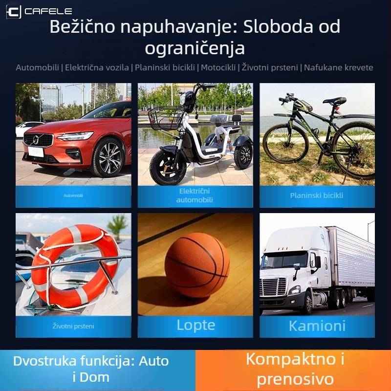 Bežični kompresor za auto, mini prijenosni s LED rasvjetom i digitalnim zaslonom; mjerač tlaka u gumama i USB punjenje, 12V DC, 180W