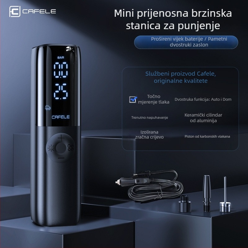 Bežični kompresor za auto, mini prijenosni s LED rasvjetom i digitalnim zaslonom; mjerač tlaka u gumama i USB punjenje, 12V DC, 180W