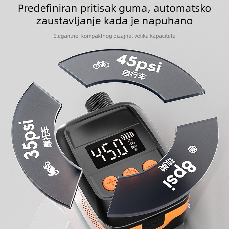 Mini pametna električna pumpa za bicikle i motocikle, 7,4V litijeva baterija, protok zraka 25 L/min, digitalni zaslon, težina 152 g, PC vatrootporan materijal
