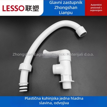 Plastična kuhinjska slavina, samo hladna voda, zakrivljen dizajn s filtrom i brzim uključivanjem — model W23105; DN15 (15 mm) ulaz/izlaz; nominalni tlak 1,0 MPa; radna temperatura ispod 45°C; keramički jezgreni ventil.