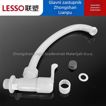 Plastična kuhinjska slavina, samo hladna voda, zakrivljen dizajn s filtrom i brzim uključivanjem — model W23105; DN15 (15 mm) ulaz/izlaz; nominalni tlak 1,0 MPa; radna temperatura ispod 45°C; keramički jezgreni ventil.